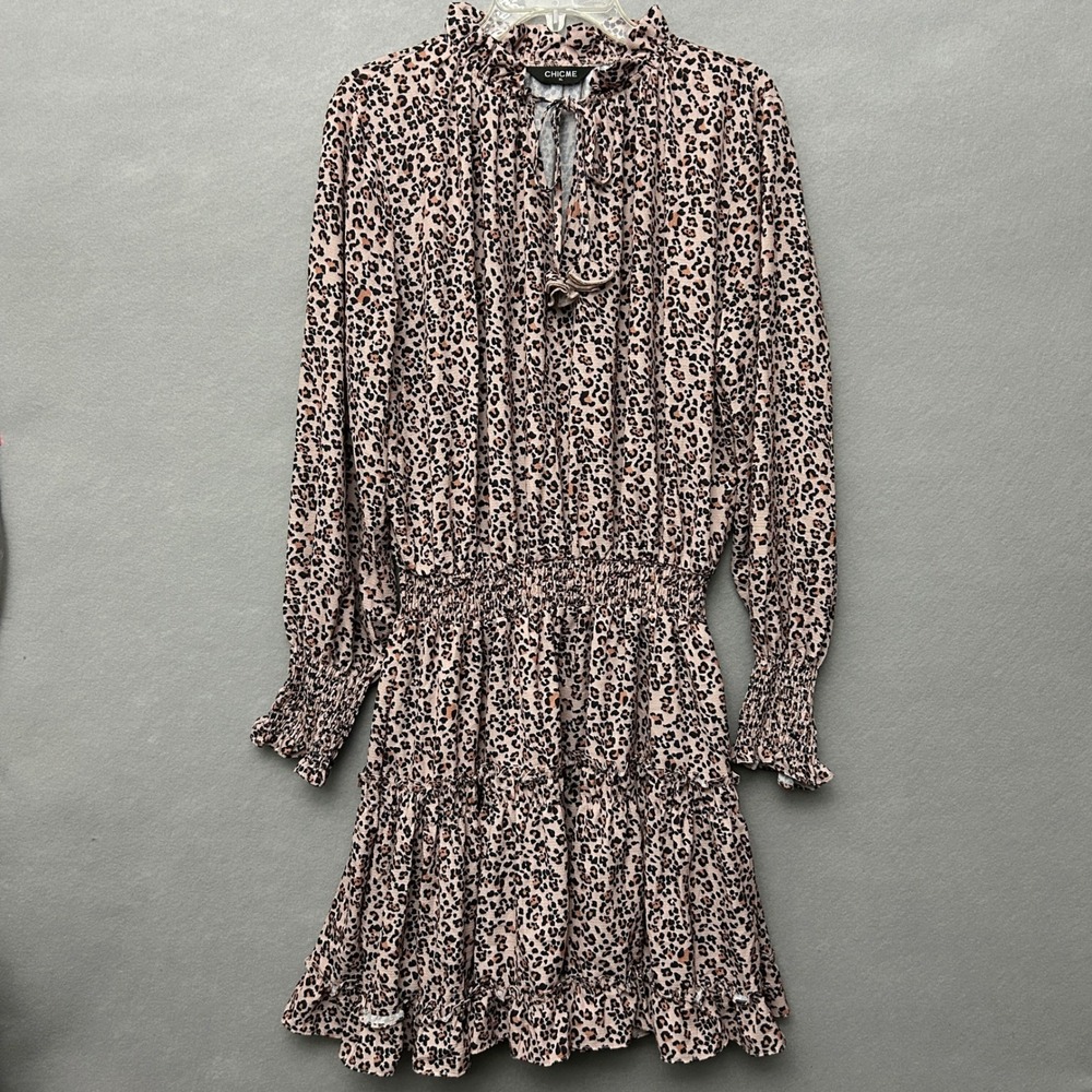 Chic Me Women XL Dress Pink Leopard Print Long Balloon Sleeve Smocked Mini